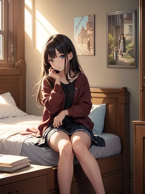 Best Quality、masterpiece、 High Resolution 、 girls room、 bedroom 、Girl sitting leaning against a wall