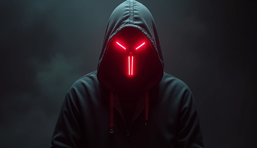 male character,hooded,red neon, LED mask, dark