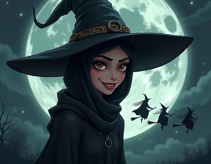 Pretty and captivating cartoon woman, as evil witch character, dark brown eyes, scary smile, wearing witch hat and hijab underneath the witch hat, black sky with bigger full  moon behind her that can also seen the moon surface detail, also have 3 witches f...