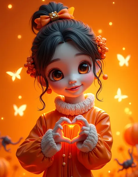 Cartoon，万圣节Cartoon鬼戴着女巫帽， makes a heart gesture with your hands isolated on an orange background,  happy Halloween concept , Thermal Imaging ， neon light silhouette ，(Fire feeling )，(Thermal Imaging 特效:1.5)，detail，Sense of atmosphere，Light Sensitivity，Lumi...