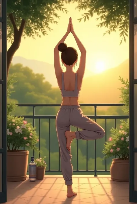 A young women in track pant doing yoga meditation in open balcony at early morning. A water bottle beside her. And a tree adn some plants decora In balcony with small flowers. 4k quality image. Beautiful anime nature theme. 