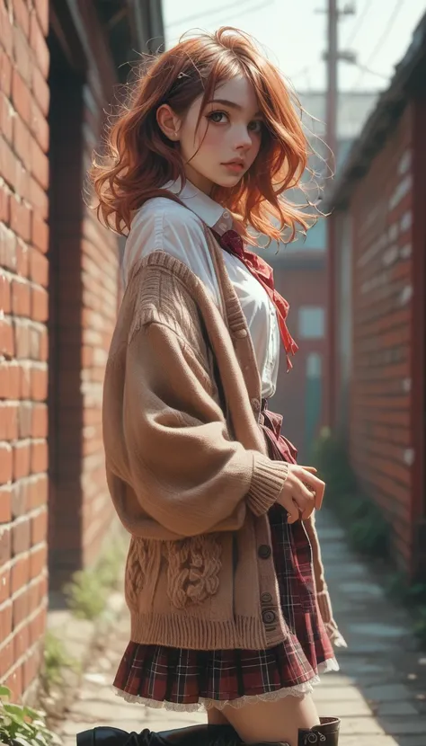 (high resolution,,portrait)（red brick warehouse）1girl(( little female ) （college long cardigan 、blouse、 high waisted tartan chec...