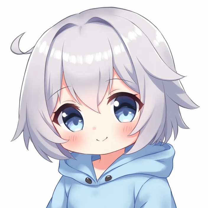 Chibi Character,High image quality,girl, short hair,Silver Hair,Blue-gray eyes,light blue loose hoodie,cute,Fluffy atmosphere, blushes, , focus your gaze, smile, Simple Background, 