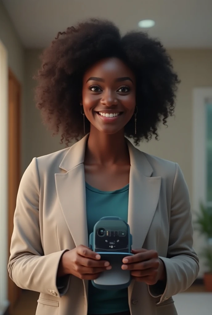 Creates an image of a smiling real black man or woman holding a computer product as a security camera, pc, or smartphone .