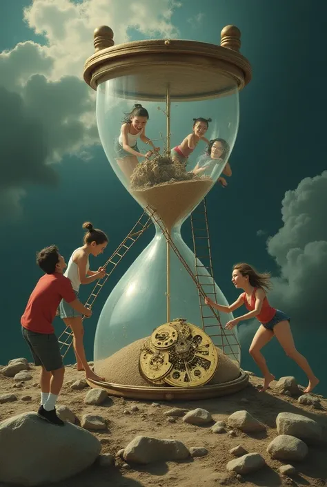 A broken hourglass in the upper left part , Many figures of HAPPY people climb through a ladder to enter through the broken .  There are people inside the watch who fall into the watch dramatically and come out in line subdued and SAD because of the watch ...