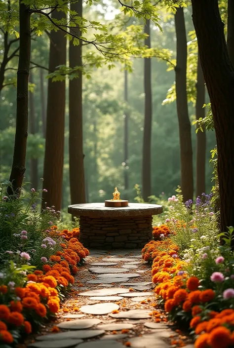 Imagine a rustic altar with a stacked stone table for a wedding,  which is surrounded by large trees ,  with its thin but sturdy trunks and dense foliage creating a welcoming environment. Around the altar ,  there is a path of vibrant orange flowers ,  tha...