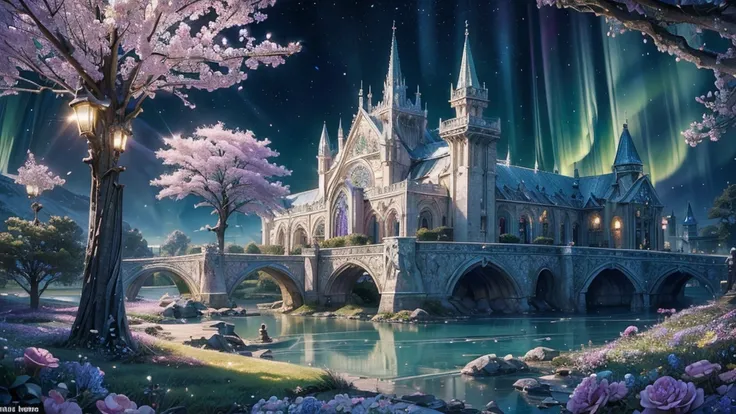 ((masterpiece)),((Best Quality)),(( high detail)), background, fantasy, Elf Country, Gem Trees ,  Curved Architecture , Delicate decoration,  Crystal Ornaments ,  Aurora Flowers ,  Pastel Wind