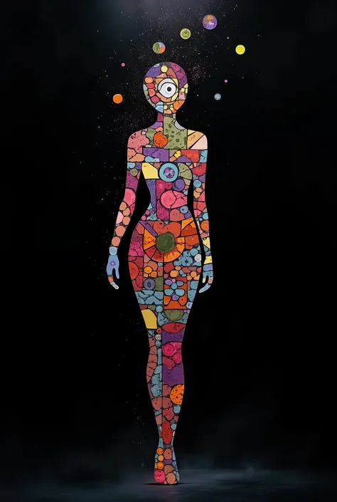 An enchanting conceptual art piece that masterfully combines geometric shapes and vibrant colors to create a striking silhouette of a woman. The intricate mosaic of colorful patterns and spots form the womans figure, standing out boldly against the dark ba...