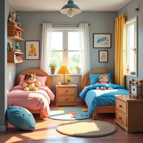 A cheerful s room with two twin beds, one adorned with pink linens and stuffed animals, the other with blue bedding and superhero decor, colorful rugs, a shared play area, and bright lighting. with grey and cream color theme.