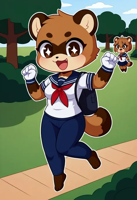 girl, tanuki, furry, bodyfur, tail, school uniform, sailor suit, jersey pants, long pants, white gloves, barefoot, chibi, sparkling eyes, happy, full body, jumping, park