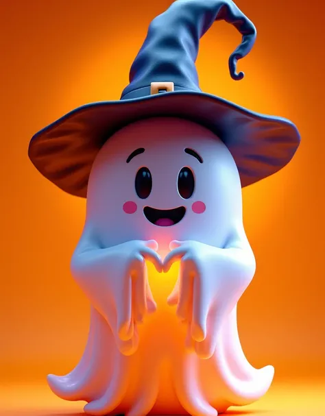 Cartoon Halloween ghost wearing a witch hat, making a heart gesture with its hands while quarantined against an orange background, concept of Happy Halloween, thermal imaging, neon light outline, (burning sensation), (thermal imaging effect: 1.5), detail, ...