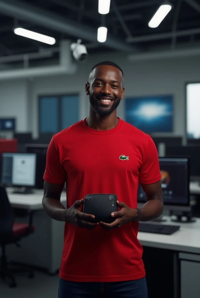  Create an image of a smiling black man or woman wearing a Lacosta red and black t-shirt holding a computer product as a security camera, Large PC.