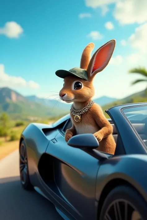 Create an image of a strong and beautiful rabbit sitting in an open-top luxury sports car. The rabbit has a rich brown coat, big shiny eyes, and is wearing a cap turned backward, along with a flashy necklace around its neck. The car is sleek and modern, su...