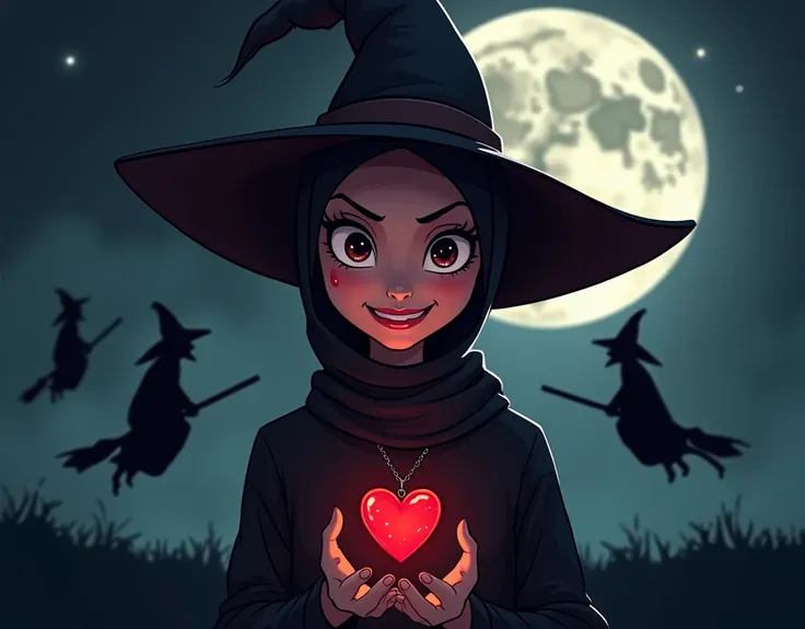 Pretty and captivating cartoon woman, as evil witch character, dark brown eyes, scary smile, wearing witch hat and hijab underneath the witch hat, also wearing a shiny red crystal locket shape like a human heart but smaller, black sky with bigger full  moo...