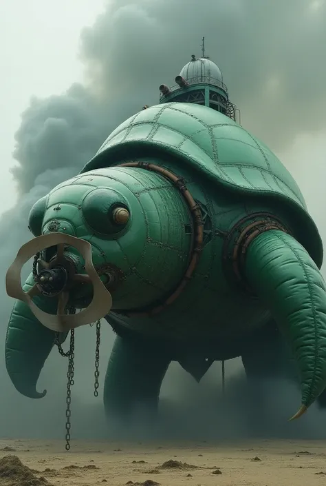 Giant inflatable green sea turtle with Diesel exhaust pipes on the turtles shell Emitting Black smoke With a large metallic spinning propeller radial engine on the front of the turtles face On full throttle 