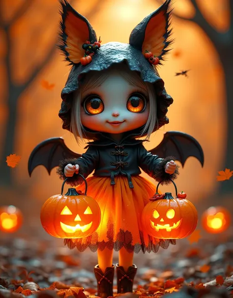  Stunning Halloween costume ，A whimsical creature ，Has bright colors、 Delicate details and playful patterns ， Big expressive eyes ， Decorated with spooky accessories such as bat wings and pumpkin-shaped motifs， Use glowing pumpkin lanterns to create a fest...