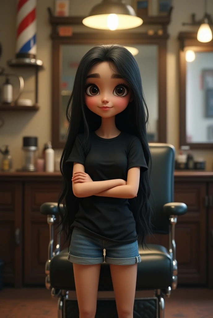 Mini lady baby barber long black hair and barbershop, black tshirt and blue short pants 