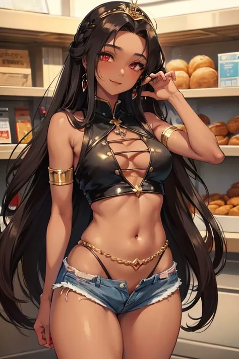 nsfw, 1 girl, official anime art illustration, tiara with golden jewels, long black and red dreadlocks, red eyes, (Tall, chubby, dark-skinned Haitian girl in the bakery aisle of the supermarket),  small breasts , Detailed and transparent red crop top, shor...