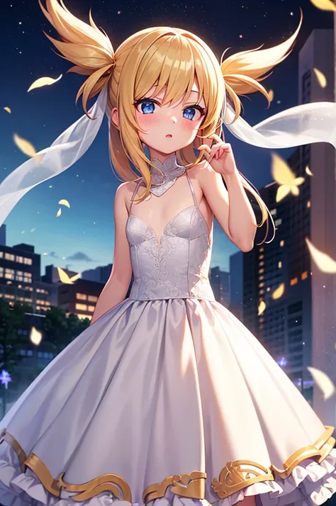 High resolution, Best Quality, 1 girl, (loli), standing, flat chest, blonde_hair, blue_eyes, wedding_dress