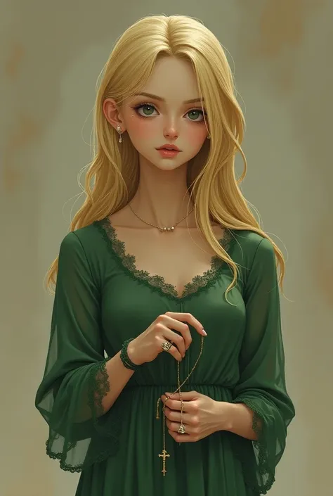 blonde haired woman,  looking delicate and thin wearing a vintage green dress with rosary in his hand. paint / 2d drawing / Manga a inspired by Fyodors Crime and Punishment book 