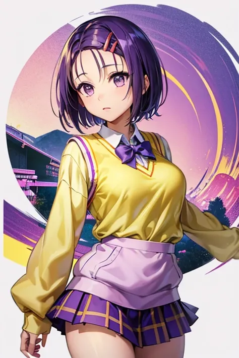 Haruna Sairenji, girl、 one girl 、Hair Accessories, Hair Clip, (Purple eyes:1.1), Purple Hair, short hair, Swept-apart bangs, (forehead:1.2), green skirt, Check pattern, Check pattern skirt, sainan high School Uniform, School Uniform, skirt, Sweater vest, (...