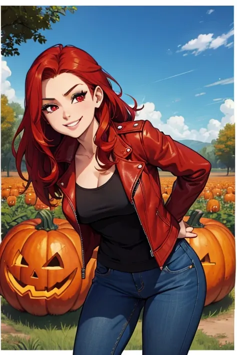 Perfect face. Perfect hands. A red haired woman with red eyes and an hourglass figure in a leather jacket and jeans is smiling while leaning forward in a pumpkin patch
