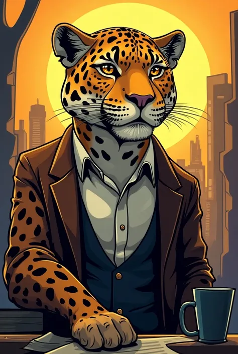 Create an animated comic style image of an intellectual jaguar character 