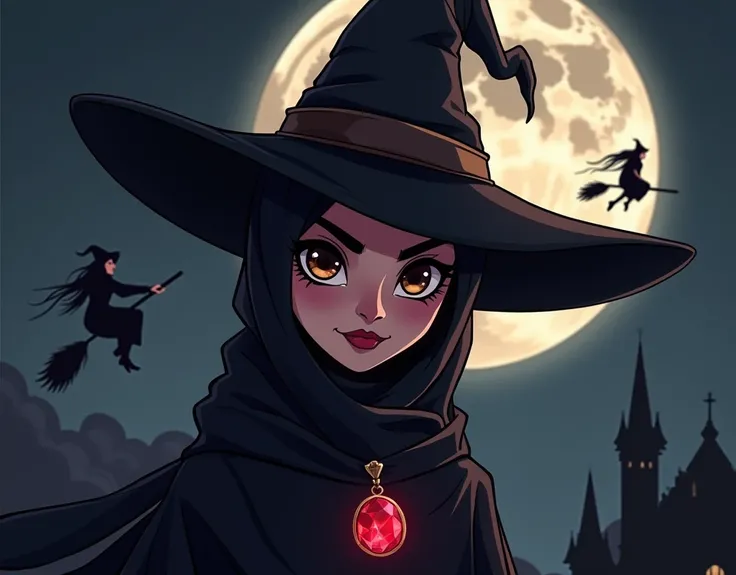 Pretty and captivating cartoon woman, as evil witch character, dark brown eyes, scary smile, wearing witch hat and hijab underneath the witch hat, also wearing a small shiny red crystal locket shape, black sky with bigger full  moon behind her that can als...