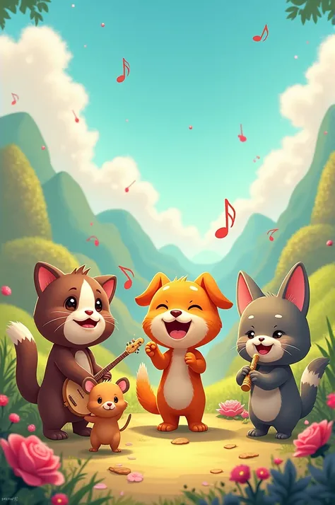 

*Song Title:* "Friends Forever Fun"

*Lyrics Prompt:*

Verse 1:
Meet Kitten Whiskers, 

*Instruments:* Acoustic guitar, xylophone, light drums, and playful sound effects (e.g., meows, woofs, quacks