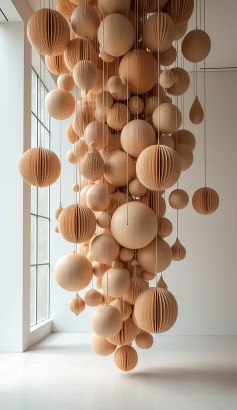 there are many wooden balls hanging from the ceiling in a room, many floating spheres, backscatter orbs, spheres, orbs, some spherical, hanging out with orbs, metaballs, sculpture made of wood, very coherent image, leaked image, drone camera lens orbs, flo...