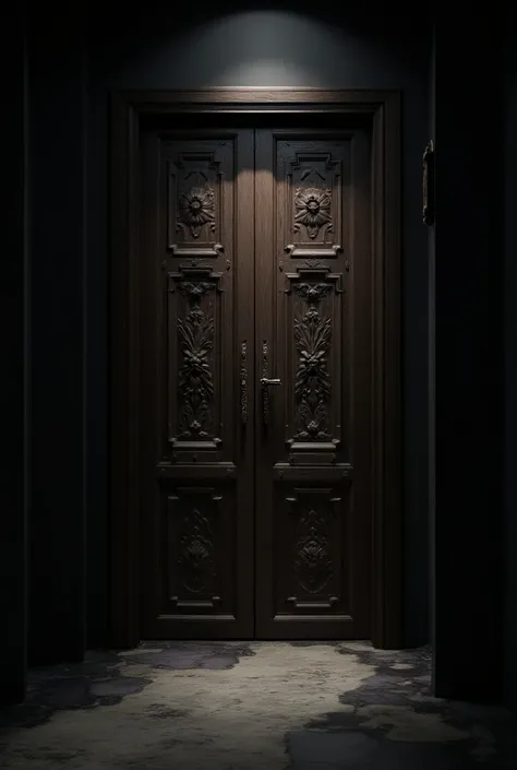 The Locked Room Mystery: A large, intricately carved wooden door, securely locked from the inside, casting shadows in a long, dim hallway. Outside the door, the atmosphere is still and quiet, while inside, unseen but hinted at, lies the scene of an unexpla...