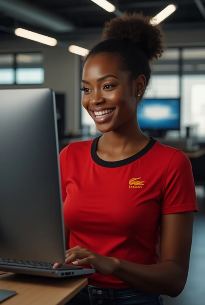 Create an image of a smiling black woman wearing a Lacosta red and black t-shirt holding a computer product as a security camera, Large PC.