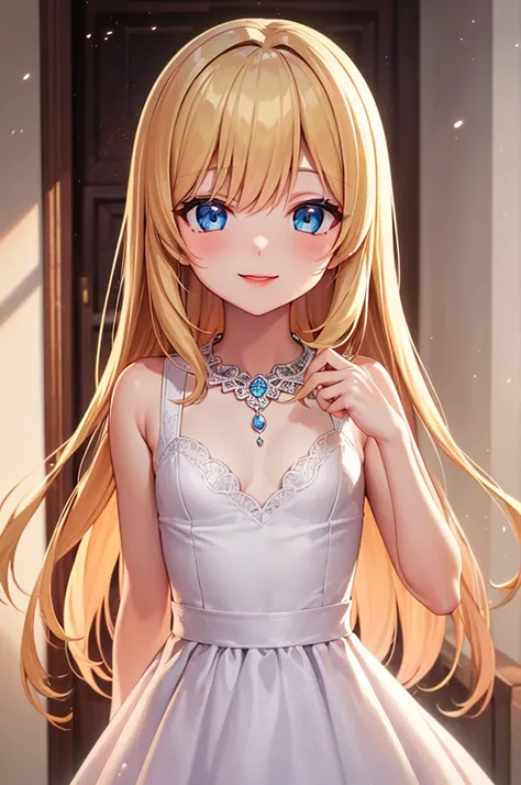 High resolution, Best Quality, 1 girl, (loli), light_smile, red lips, standing, flat chest, blonde_hair, blue_eyes, wedding_dress