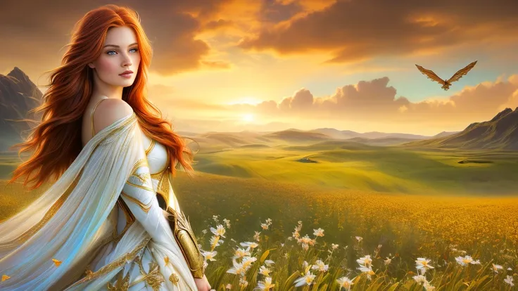 ''8k, canon eos 1dx mkiii, a close-up of a woman redhead in a field with a bird flying, beautiful fantasy, lovely fantasy art, d...