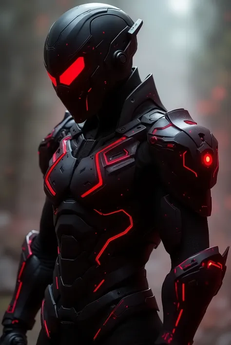 " Create an image of the character Sir Pedro ,  a brown hero with indigenous traits .  He wears technological black armor with vibrant red details ,  with sharp geometric lines that run through the costume , giving it a futuristic appearance .  Your helmet...