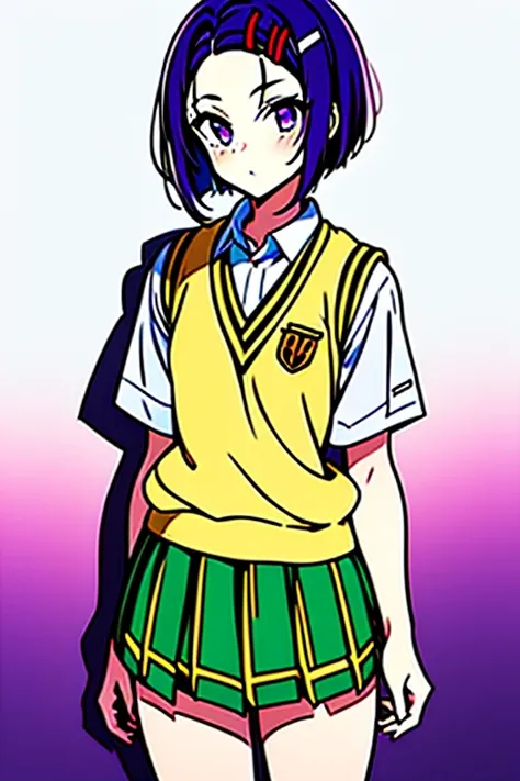 Haruna Sairenji, girl、 one girl 、Hair Accessories, Hair Clip, (Purple eyes:1.1), Purple Hair, short hair, Swept-apart bangs, (forehead:1.2), white shirt, Sweater vest, (Yellow vest:1.1), Short sleeve, Checkered skirt, Green Skirt, Short sleeve,Best Quality...