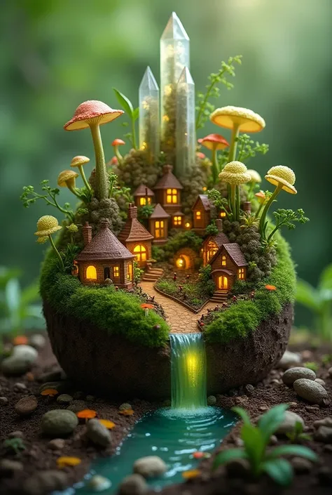 A detailed microscopic cityscape nestled in the soil and roots of a potted plant. It features intricate houses, winding roads, a waterfront promenade, and tiny cafes made of vines, mushrooms, and leaves. Organic skyscrapers of crystals and towering plant s...