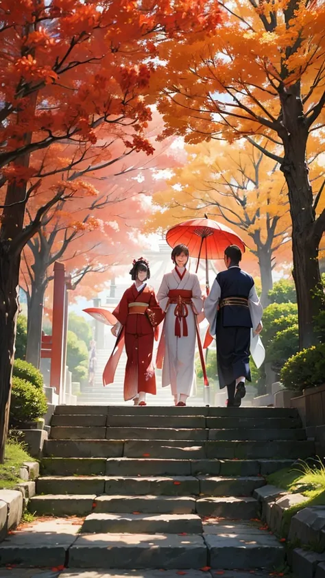 A traditional Japanese wedding procession held at a large shrine. In this scene, a group of participants, led by a priest in ceremonial attire, walk in a line through a vast rock garden. The bride and groom are fully attired, the bride in a plain white kim...