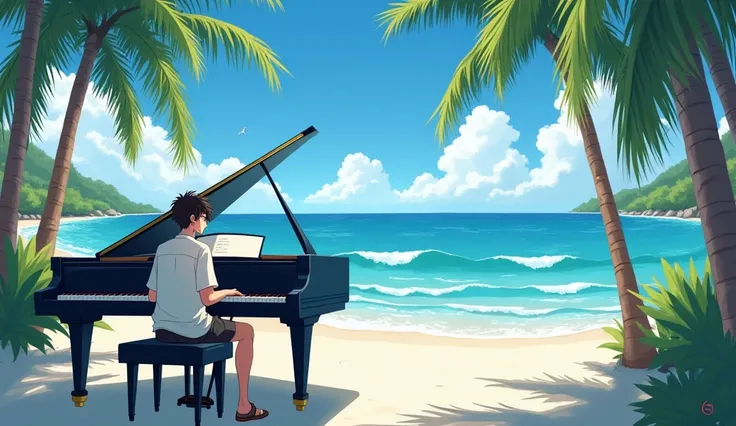  grand piano　 an 18 year old boy playing a cool 　Earrings　Open shirt　Tropical Resort、White sand beach　Palm trees　white clouds in the sky 、White Wave、 anime style