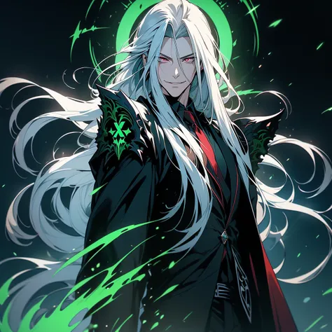 masterpiece, best quality, official art, unity 8k wallpaper, ultra detailed, aesthetic, High quality a handsome man with long straight white hair pale blue skin,  Red eyes a vicious smile looks at the camera . He is wearing black clothes that look demonic ...