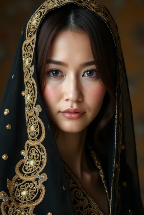 an ultra-detailed portrait of a stunningly beautiful east asian slender woman, wearing an intricately adorned scarf with golden ...