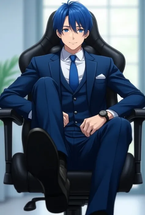 male、1 person、A cool, sexy young man with a sense of adult ease、Clear face like the main character 、Smiling brightly and refreshingly、 wearing a slim silk three-piece suit with a dark ultramarine blue sheen、 she is wearing a blue tie and the suit fits perf...