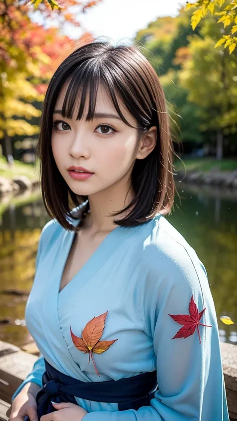 masterpiece, Ultra-high resolution, 4K, Best Quality, 1 person, ((whole body)),  beautiful and elaborate face,  beautiful skin with fine texture,  skin texture, high school student, Sparkle in your eyes, Dynamic pose, Straight Hair, Gal Makeup, Bobcut, Blu...