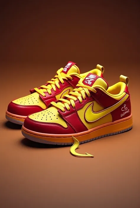 Une jordan 1 au couleur de flash macqueen
Le signe nike est jaune et le bout du logo est en fotme d’eclaire sous le logo se trouve une écriture « Katchoow! » les lacet sont jaune et le dessus de la chaussure aussi 