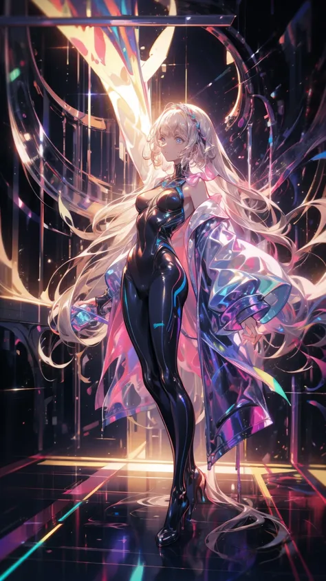 、The whole body is visible、Full body view、Head to toe drawing、beautiful, Shiny futuristic woman, Complex Circuits, Neon-like colors,    cyberpunk style   , Advanced Technology,   Digital Art , Advanced Details, Realistic,  Dramatic Lighting,   Dynamic Pose...