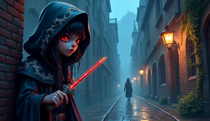  Epic cartoon art , bright colors.  Close-up side view of a vampire killer hooded peeking out of a corner of a night alley in a Gothic city and holding a blade of sharp and ornate crystal.  The killer has red eyes ,  long flowing black hair with silver str...