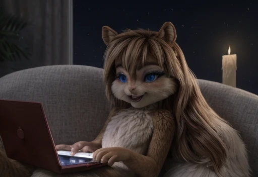 Brittany_Miller, One, chipmunk, fluffy, , feminine,young ,fur detailing, 3d Model,  in lace underwear, bright outfit , lying on the sofa,  reads the pages on the tablet ,  looks at the tablet ,drinks wine, candles,  romantic setting, think about the sky , ...