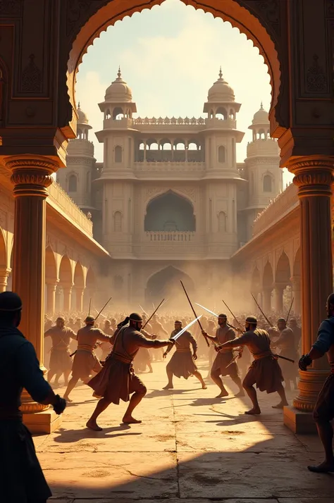 Shivaji’s soldiers engage with the fort’s guards in the central courtyard. There is chaos as swords clash, and the backdrop features large Rajasthani pillars and balconies.