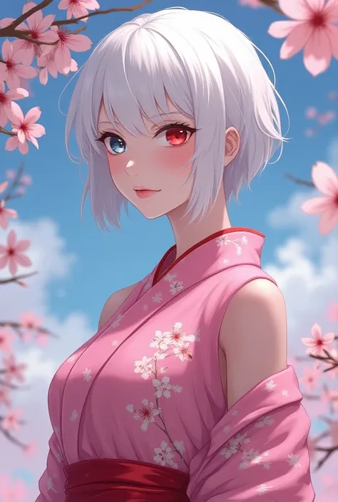 woman。Muscle White。White Hair。Bob。Odd Eye。Right eye is red。Left eye is blue。cherry blossoms柄のピンクの着物。whole body。cherry blossoms。Anime Style。