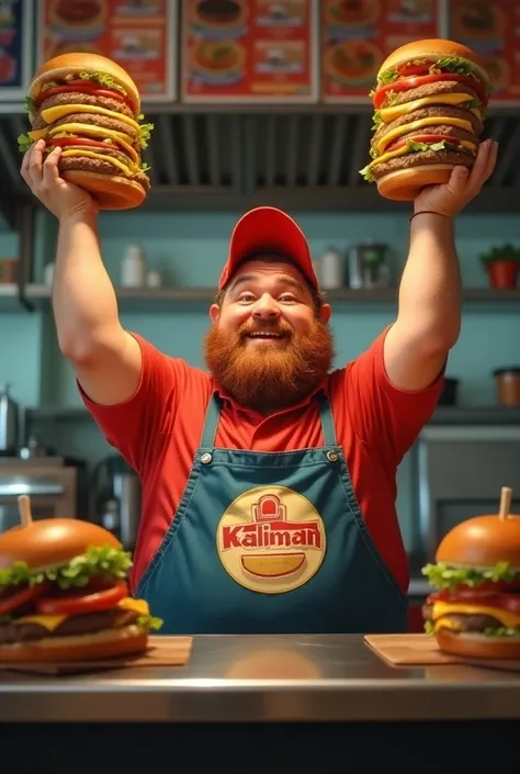 Brown man with red cap and padlock beard hoisting hamburgers at the fast food restaurant Kaliman